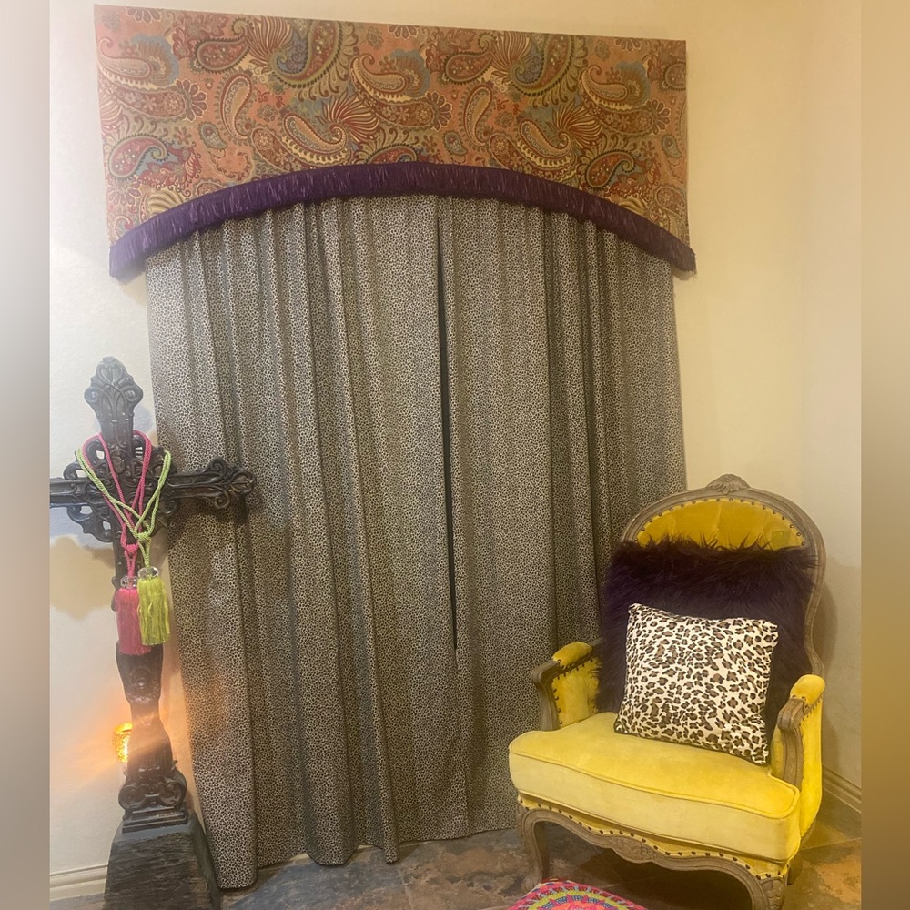Three sets of custom window dressings/ curtains